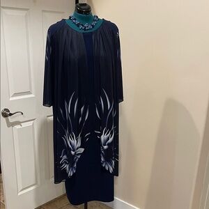 Navy Dress with Floral Design attached jacket over stretchy sheath Plus Size